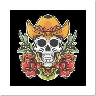 American Traditional Cowboy Skeleton Floral tattoo Posters and Art